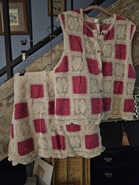 Crochet Two-Piece Top & Skirt Set - Cream with Fuchsia Squares